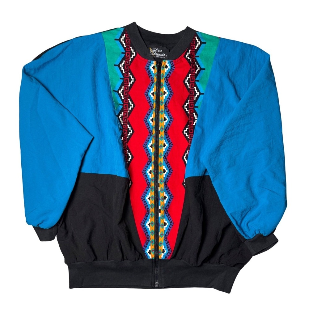 Silver Threads LTD Vintage 90s Southwestern Windbreaker‎ Black Blue Quarter Zip